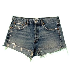 Agolde Casual Distressed Blue Denim Summer Booty Jean Shorts with Raw Hem